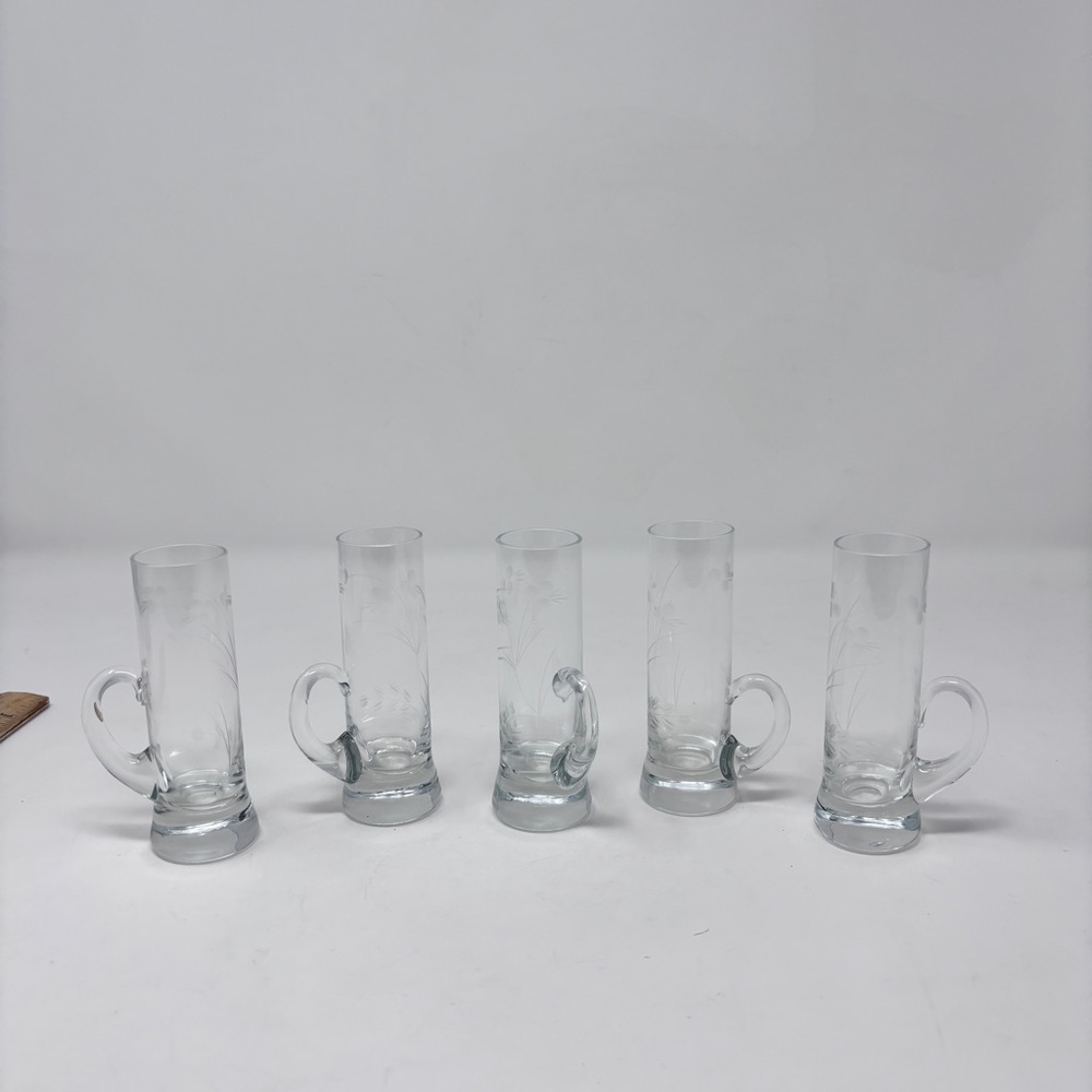Vintage Blown Glass Floral Etched Shot Glasses with Handles  - Set of 5